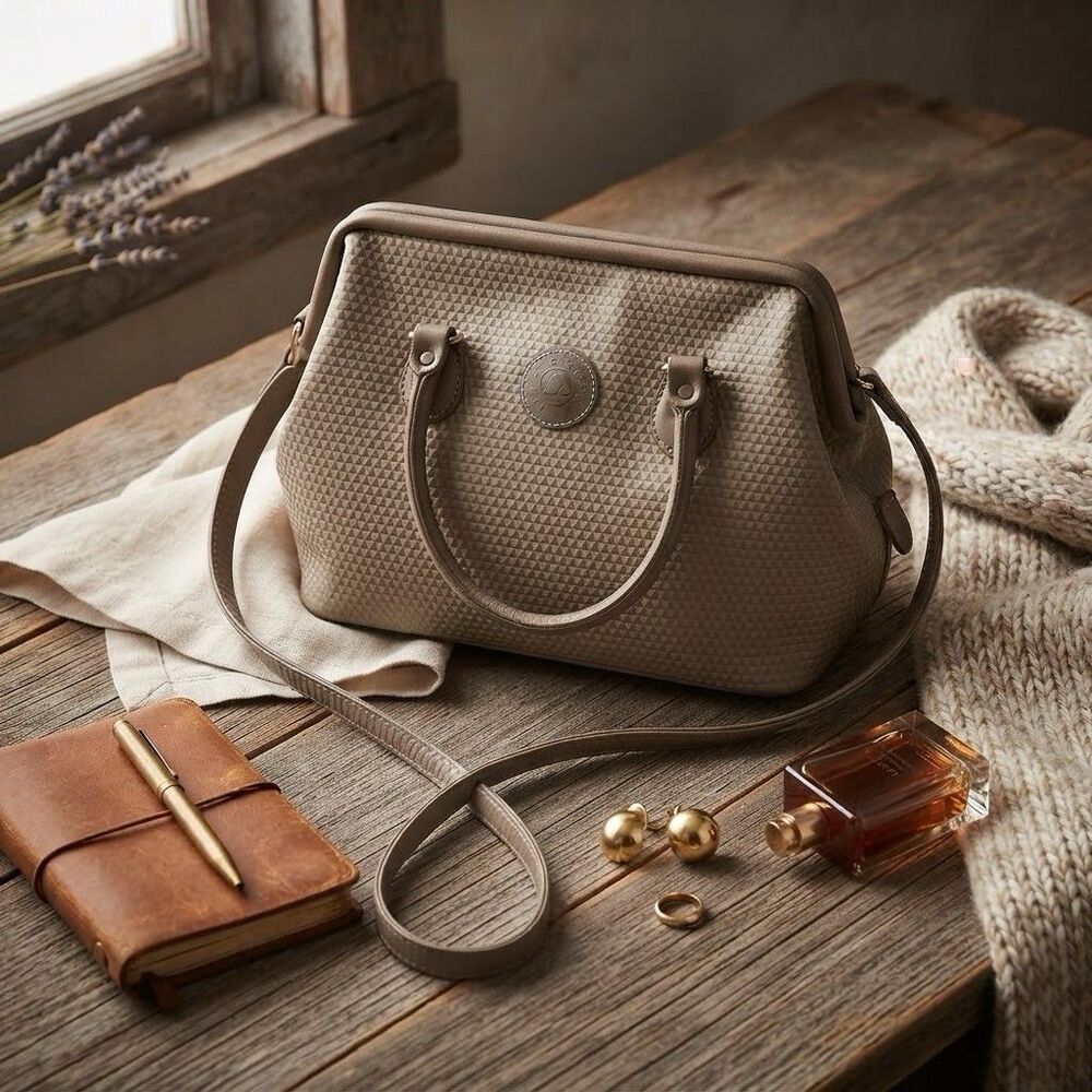 VTG 1983 Liz Claiborne Gray / Tube Textured Crossbody Bag Leather Trim Geometric